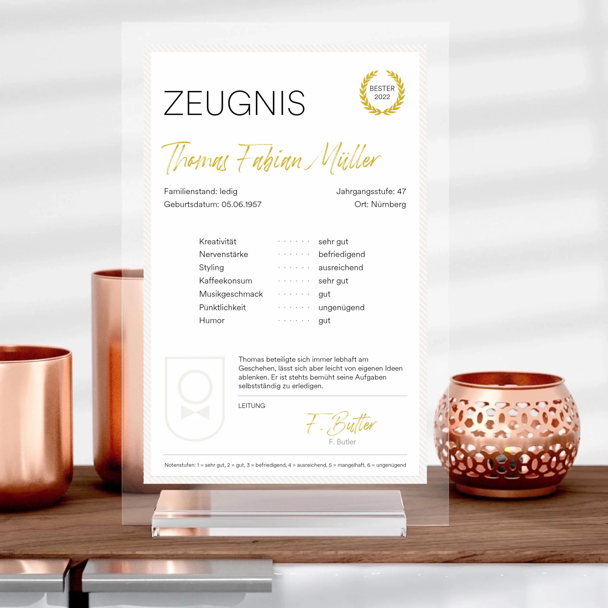 Zeugnis-Aufsteller aus Glas